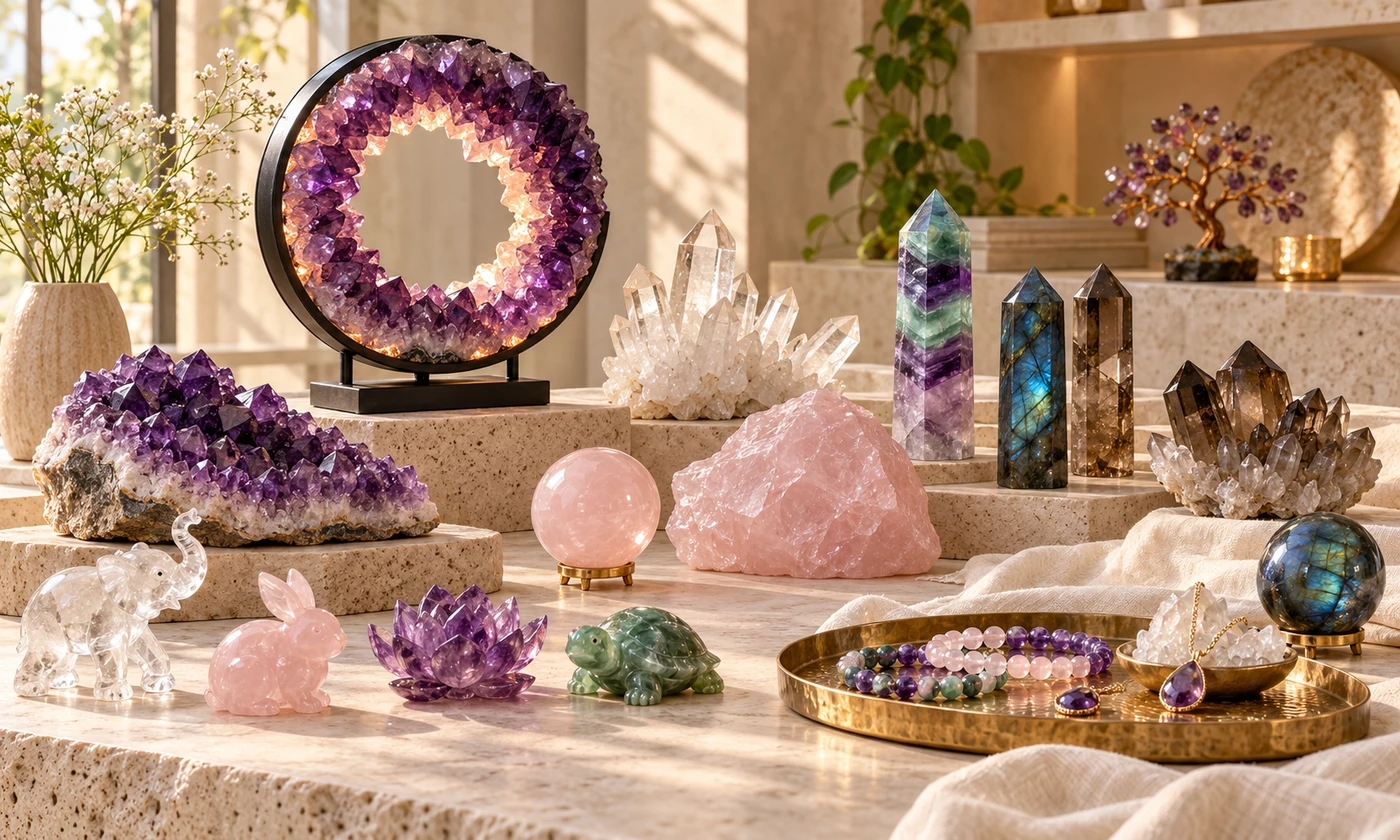 Natural crystal décor assortment with amethyst lamp, raw clusters, crystal towers, carvings and jewelry