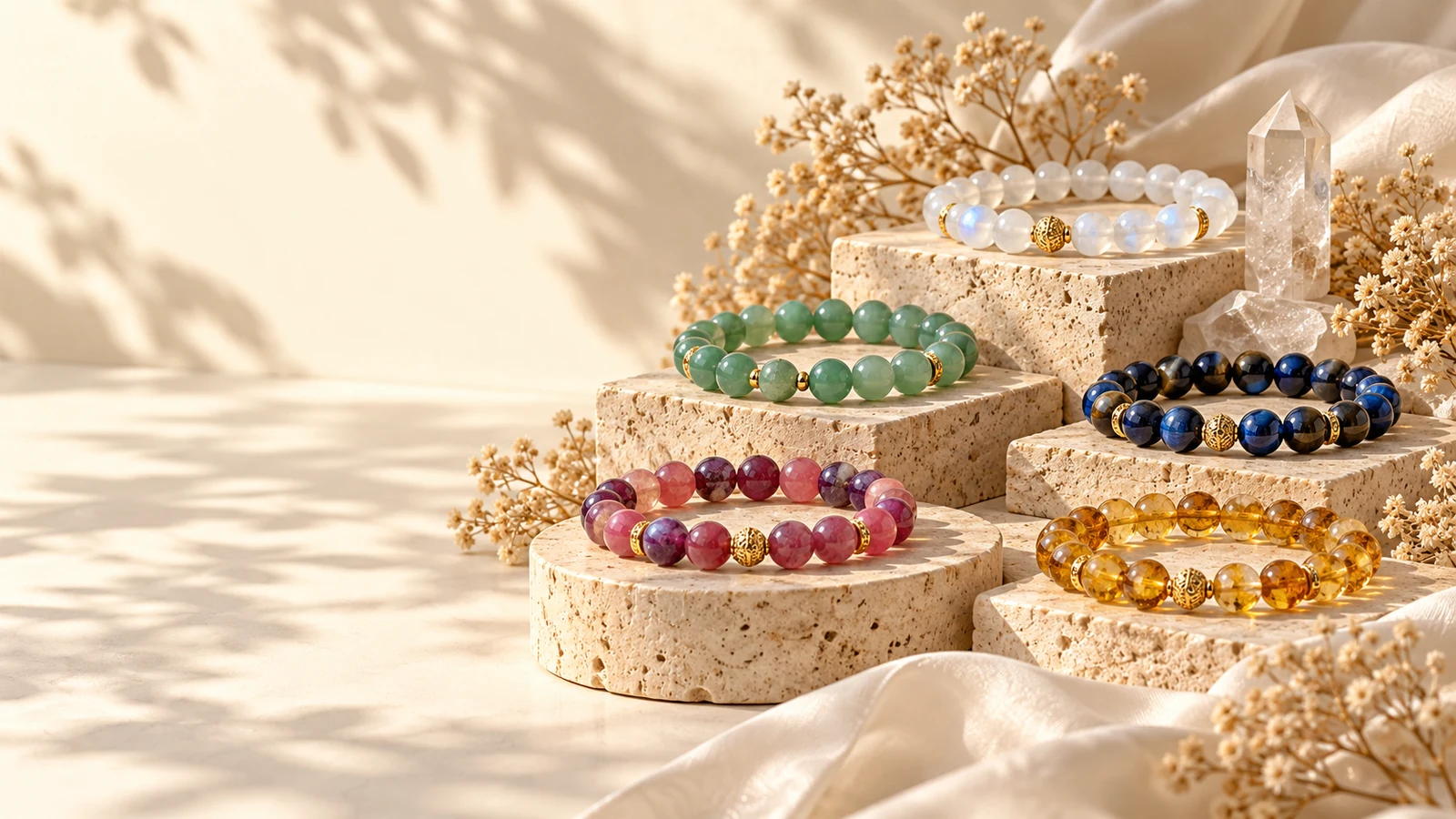 Five crystal bracelets on warm limestone