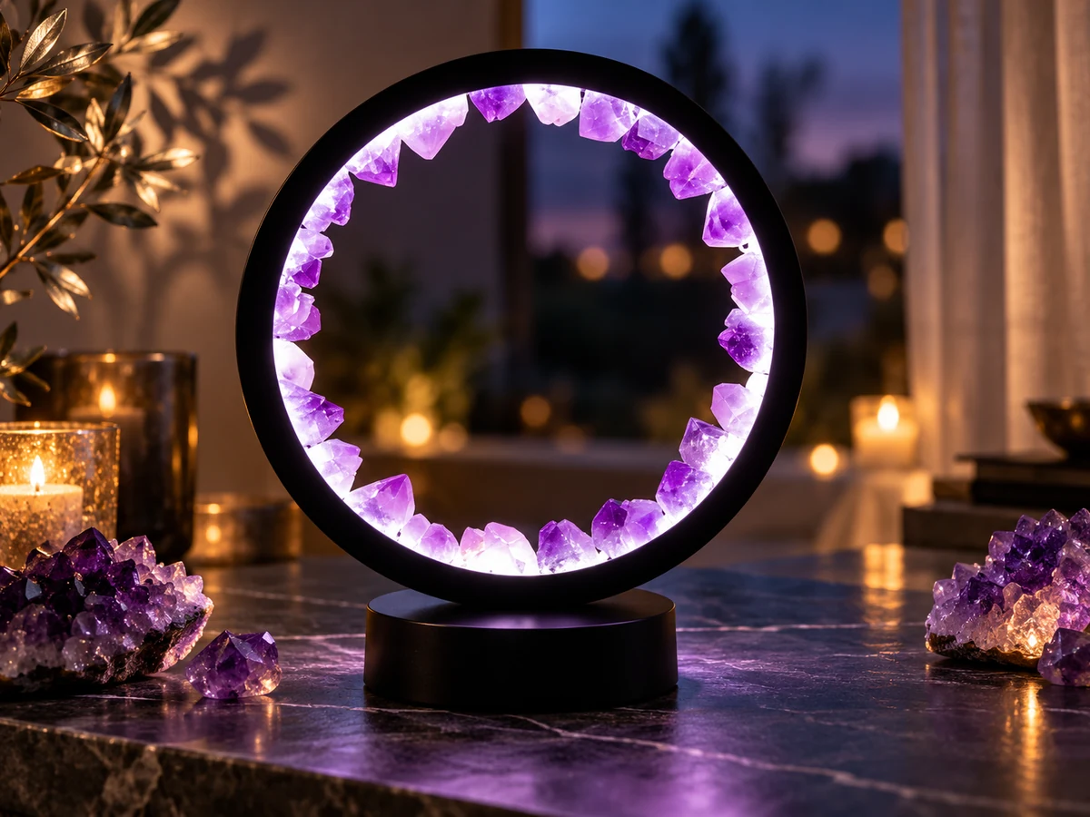 Circular amethyst crystal lamp glowing at night