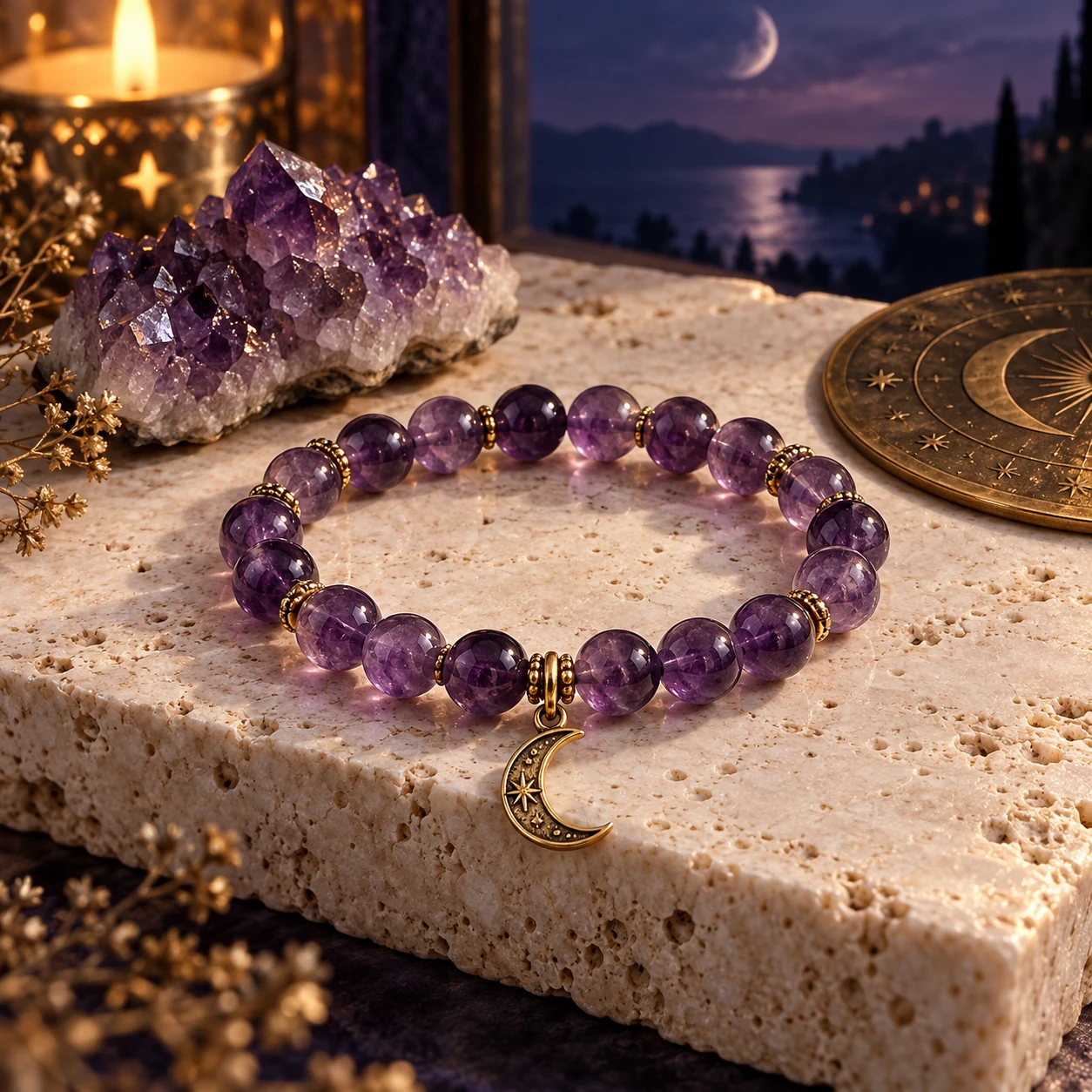 Lunar Amethyst crystal bracelet with antique-gold crescent charm