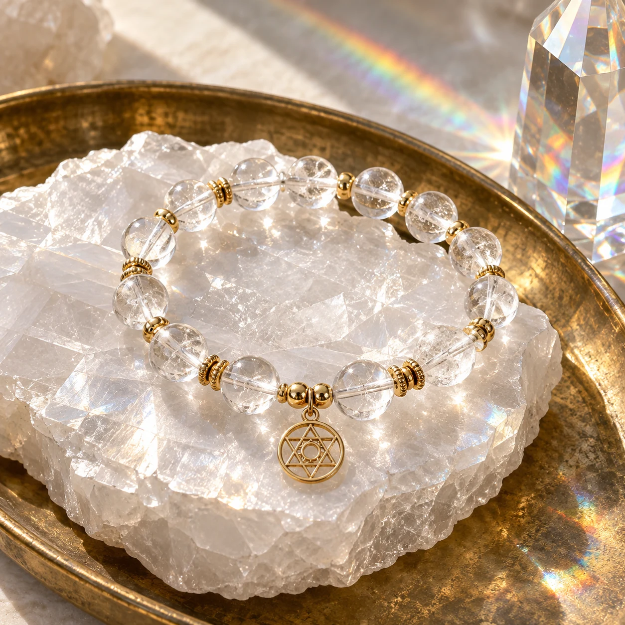 Clear Quartz Alchemist crystal bracelet with gold symbolic charm
