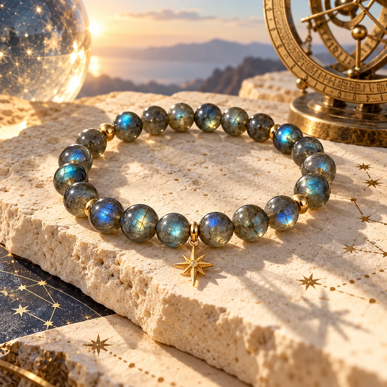 Labradorite Starpath crystal bracelet with gold eight-point star charm