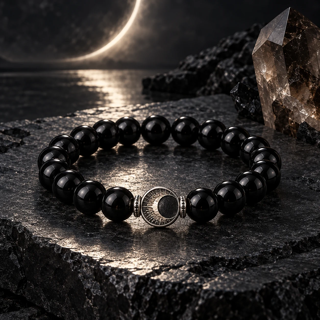 Obsidian Eclipse crystal bracelet with silver eclipse medallion