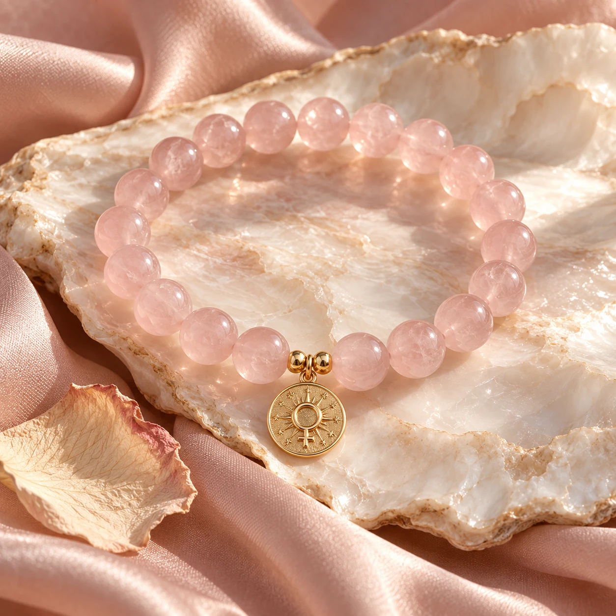 Rose Quartz Venus crystal bracelet with gold Venus-star medallion