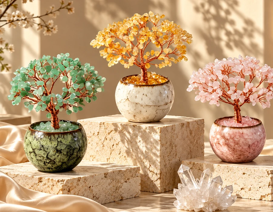 Three gemstone chip trees in ceramic pots