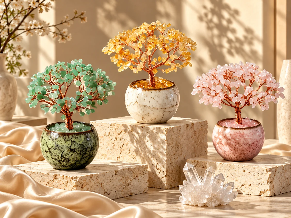 Green aventurine, citrine and rose quartz gemstone trees